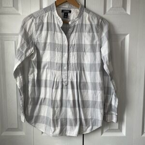 LL Bean Top Shirt Womens 10‎ Gray/White Plaid Button Pocket Long Sleeve Smock